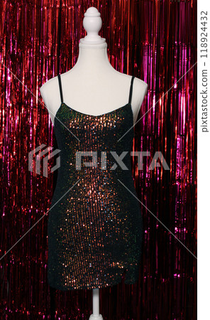 Sequined Mini Dress on Dress Form Thrift Store Display Sequined Mini Dress on Dress Form Thrift Store Display 118924432