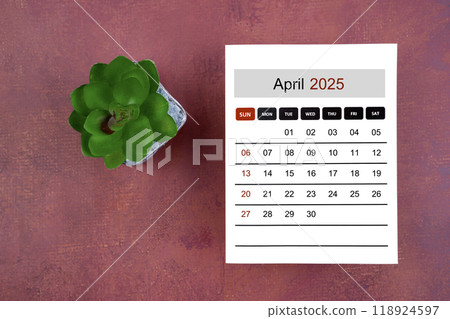 Calendar page for April 2025 and houseplant on retro background. Calendar page for April 2025 and houseplant on retro background. 118924597