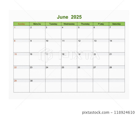 June 2025 Calendar page for 2025 year isolated on white, Save clipping path. June 2025 Calendar page for 2025 year isolated on white, Save clipping path. 118924610
