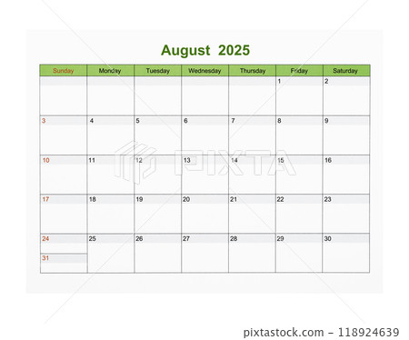 August 2025 Calendar page for 2025 year isolated on white, Save clipping path. August 2025 Calendar page for 2025 year isolated on white, Save clipping path. 118924639