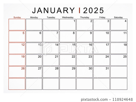 January 2025 monthly calendar page isolated on white background. 118924648
