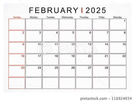 February 2025 monthly calendar page isolated on white background. 118924654
