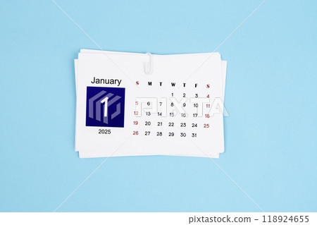 January Calendar 2025 page on blue background. 118924655