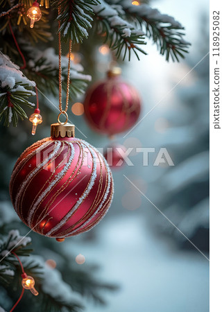 Elegant red Christmas ornaments hanging on a snow-covered tree in a serene winter landscape at dusk Elegant red Christmas ornaments hanging on a snow-covered tree in a serene winter landscape at dusk 118925082