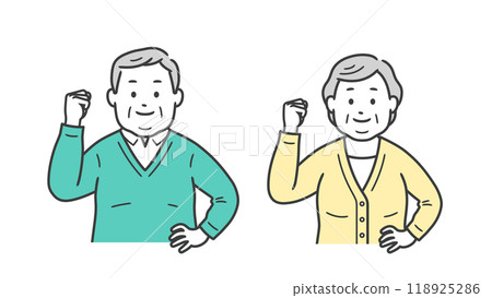 一位稍微超重的老年男女做勇敢姿勢的上半身插圖 118925286