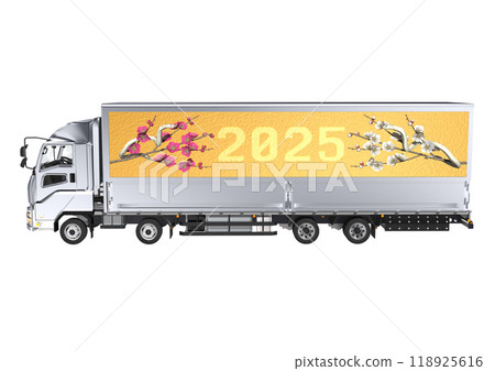A 3DCG illustration featuring a white snake from the Year of the Snake and red and white plum blossoms on the side of a large truck bed. 118925616