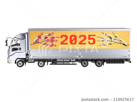 A 3DCG illustration featuring a white snake from the Year of the Snake and red and white plum blossoms on the side of a large truck bed. 118925617
