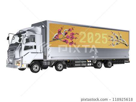 A 3DCG illustration featuring a white snake from the Year of the Snake and red and white plum blossoms on the side of a large truck bed. A 3DCG illustration featuring a white snake from the Year of the Snake and red and white plum blossoms on the side of a large truck bed. 118925618
