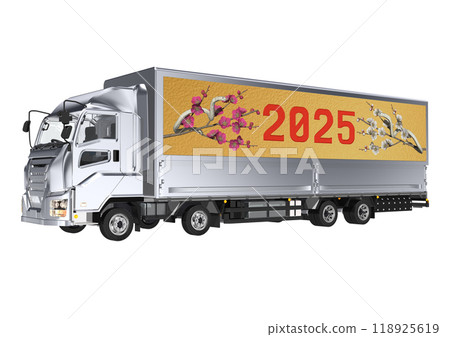 A 3DCG illustration featuring a white snake from the Year of the Snake and red and white plum blossoms on the side of a large truck bed. 118925619