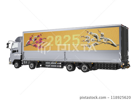 A 3DCG illustration featuring a white snake from the Year of the Snake and red and white plum blossoms on the side of a large truck bed. 118925620