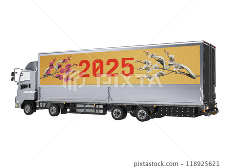 蛇年白蛇、紅梅花、大卡車車底旁的白梅花的 3DCG 插圖。 118925621