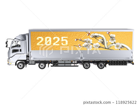 A 3DCG illustration of a white snake and white plum blossoms from the Year of the Snake on the side of a large truck bed. 118925622