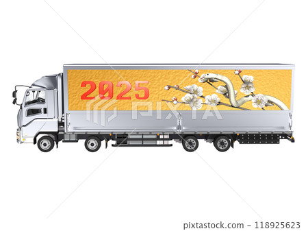 A 3DCG illustration of a white snake and white plum blossoms from the Year of the Snake on the side of a large truck bed. A 3DCG illustration of a white snake and white plum blossoms from the Year of the Snake on the side of a large truck bed. 118925623