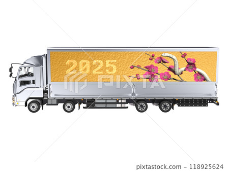 A 3DCG illustration of a white snake and red plum blossoms in the Year of the Snake on the side of a large truck bed 118925624