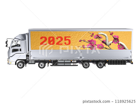 蛇年白蛇和大卡車床邊紅梅花的3DCG插畫 118925625