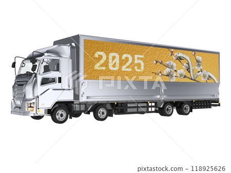 A 3DCG illustration of a white snake and white plum blossoms from the Year of the Snake on the side of a large truck bed. 118925626