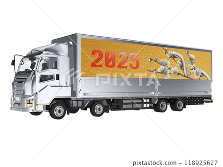 A 3DCG illustration of a white snake and white plum blossoms from the Year of the Snake on the side of a large truck bed. A 3DCG illustration of a white snake and white plum blossoms from the Year of the Snake on the side of a large truck bed. 118925627