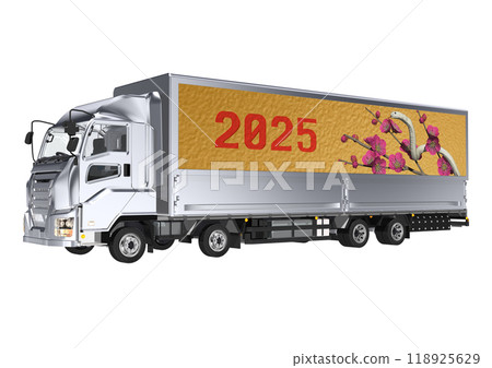 A 3DCG illustration of a white snake and red plum blossoms in the Year of the Snake on the side of a large truck bed A 3DCG illustration of a white snake and red plum blossoms in the Year of the Snake on the side of a large truck bed 118925629