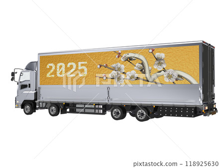 A 3DCG illustration of a white snake and white plum blossoms from the Year of the Snake on the side of a large truck bed. 118925630