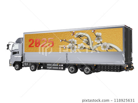 蛇年白蛇和白梅花圖像的 3DCG 插圖位於大卡車床旁邊 118925631