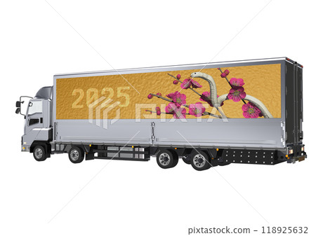 A 3DCG illustration of a white snake and red plum blossoms in the Year of the Snake on the side of a large truck bed A 3DCG illustration of a white snake and red plum blossoms in the Year of the Snake on the side of a large truck bed 118925632