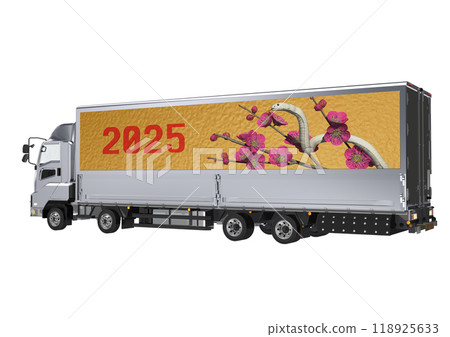 A 3DCG illustration of a white snake and red plum blossoms in the Year of the Snake on the side of a large truck bed 118925633