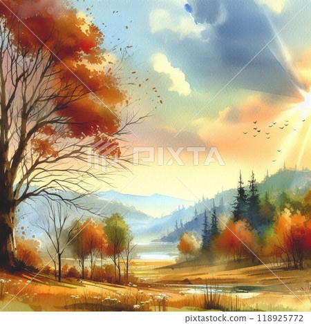 Autumn sky landscape painting fantasy world Autumn sky landscape painting fantasy world 118925772