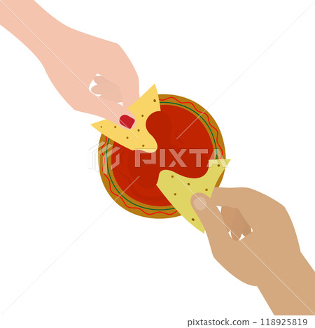 Men and women hands dipping corn and spinach nachos in salsa souse. Nachos Day cards design concept Men and women hands dipping corn and spinach nachos in salsa souse. Nachos Day cards design concept 118925819