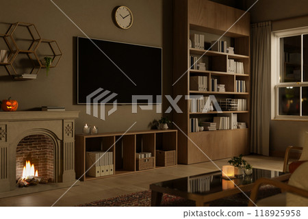 The interior design of a contemporary living room on Halloween night. 118925958