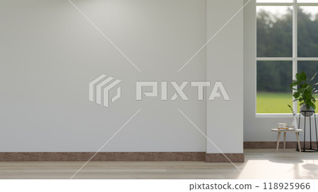 A minimal bright home corridor featuring an empty white wall, a parquet floor, and a window. 118925966