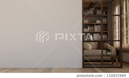 A simple home corridor leading through the cozy contemporary living room features a white wall. 118925969