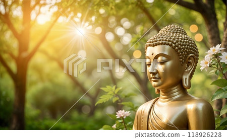 A shining golden Buddha statue on a sunny natural copy space background. the banner. High quality photo 118926228