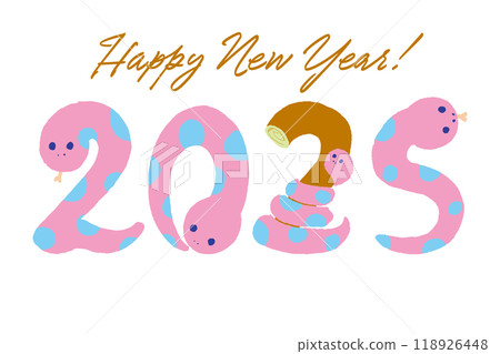 Pink New Year's card template with snake characters for 2025 118926448