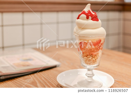 Strawberry parfait with soft serve ice cream 118926507
