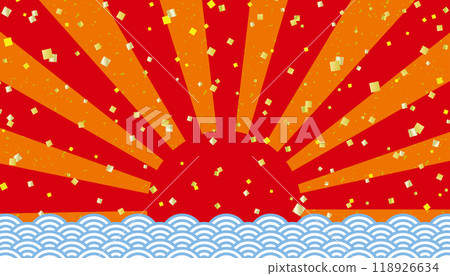 Japanese-style banner background with first sunrise, blue sea waves and gold leaf / red 118926634
