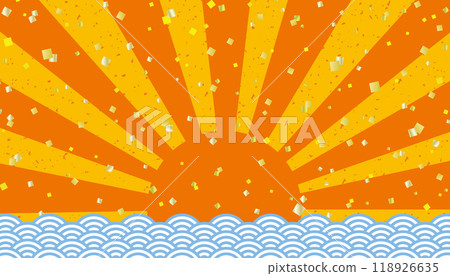 第一個日出，青海波浪和金箔日式橫幅背景/橙色 118926635