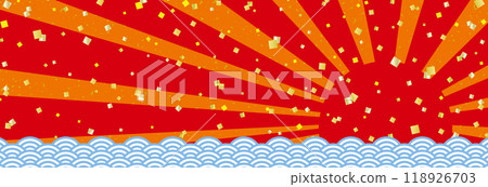 Japanese-style banner background with first sunrise, blue sea waves and gold leaf / horizontal / red 118926703