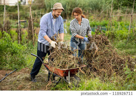 Woman and man takes out bunch of branches, puts garbage in wheelbarrow Woman and man takes out bunch of branches, puts garbage in wheelbarrow 118926711
