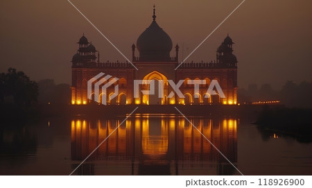 Illuminated Historical Monument Reflecting in Water at Dusk on India Independence Day 118926900