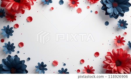 Colorful Floral Frame Celebrating India Independence Day with Red, Blue, and White Flowers on White Background 118926906