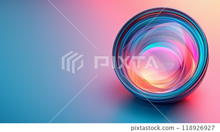 Celebrating World Photography Day with Vibrant Pastel Background and Camera Lens Close-Up 118926927