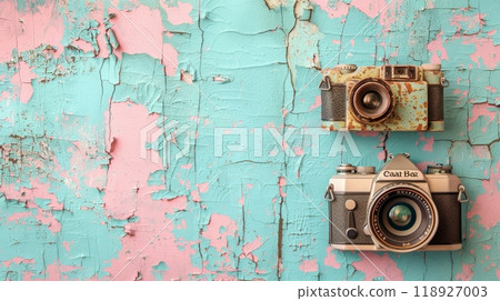 Vintage Cameras on Pastel Background Celebrating World Photography Day with Rustic Charm and Artistic Flair Vintage Cameras on Pastel Background Celebrating World Photography Day with Rustic Charm and Artistic Flair 118927003