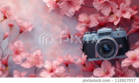 Vintage Camera Surrounded by Pink Cherry Blossoms on Pastel Background Celebrating World Photography Day 118927057