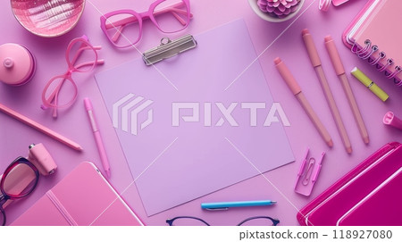 Border Frame Background with Back to School Concept Featuring Pink Stationery and Supplies on a Pastel Pink Surface 118927080