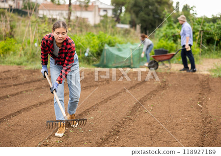 Peasant girl is working in garden with rake Peasant girl is working in garden with rake 118927189