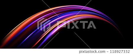 Glowing neon light trail background. Red pink purple arch speed lines. Magic luminous curved swirl concept. Abstract spiral dynamic rotating stripes. Curve streaks for poster, banner, flyer. Vector 118927332