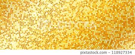 Radial gold disco party pattern. Golden square sequin mosaic texture background. Abstract yellow shining glitter halftone wallpaper. Pop up comic sparkling glitter and strass backdrop. Vector 118927334