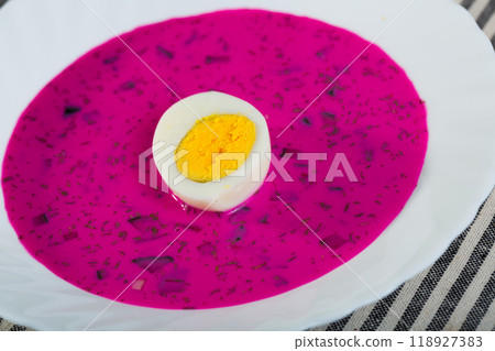 Closeup of cold soup with beets Closeup of cold soup with beets 118927383