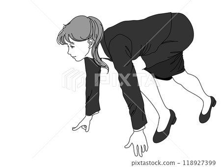 蹲下開始插畫:一名女商人穿著西裝站在起跑線全身側身 蹲下開始插畫:一名女商人穿著西裝站在起跑線全身側身 118927399