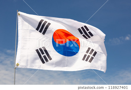 South Korea flag is waving against blue sky South Korea flag is waving against blue sky 118927401